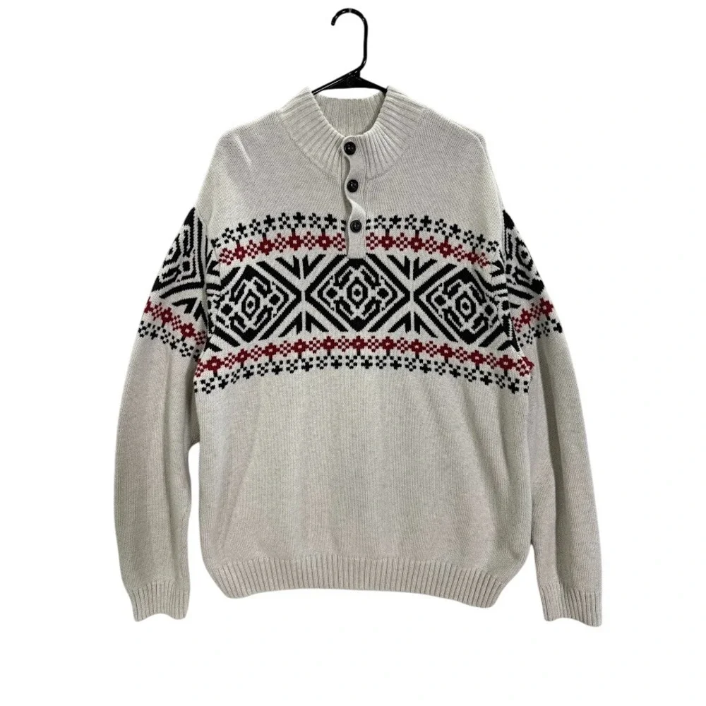 Chaps Sweater Mens 2XL Ivory Fair‎ Isle Nordic Button Neck Cotton Ski